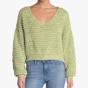 Free People Light Green White Deep‎ V-Neck Coconut Chunky Wide Knit Crop Sweater